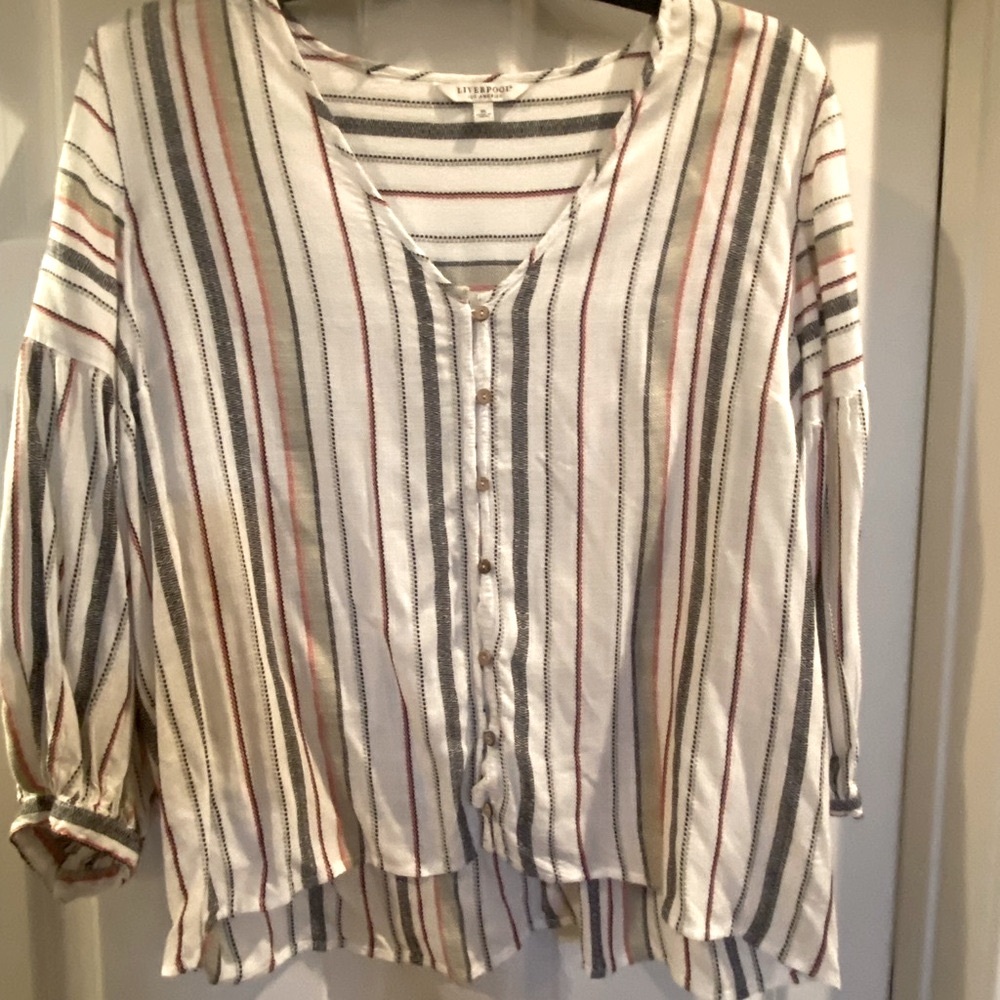 Liverpool White, Black, Khaki & Red  Relaxed Buttoned Blouse